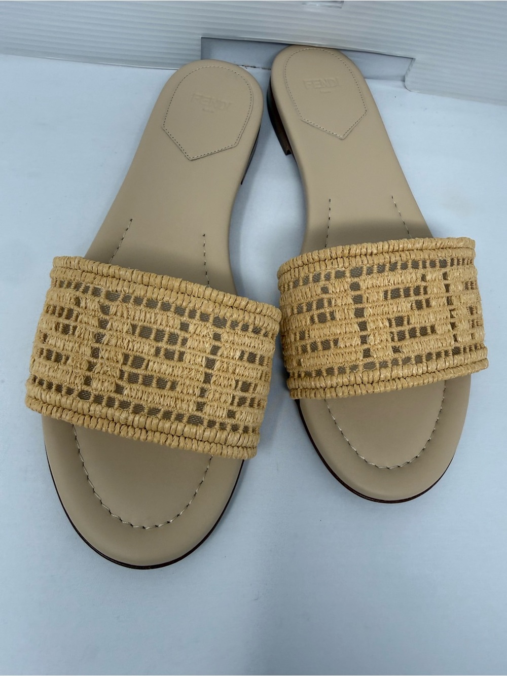 Fendi Tan Raffia Slide Sandals - Women's Slip-On Mules